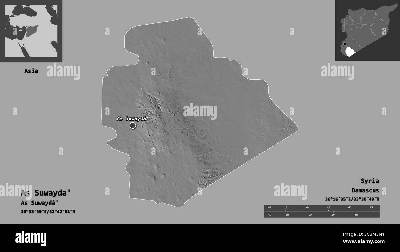 Suweida Map Shape of As Suwayda', province of Syria, and its capital. Distance ...
