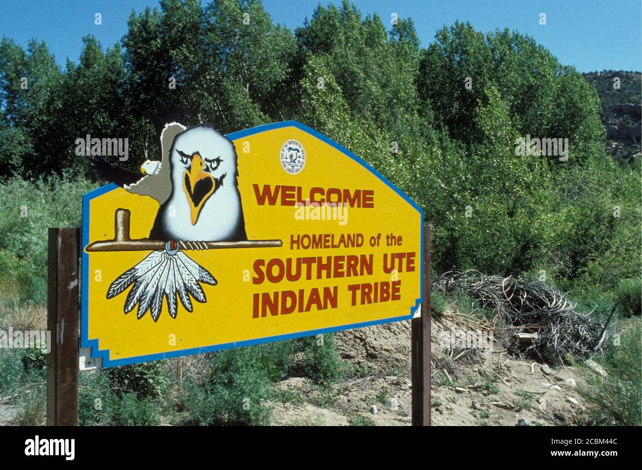 Southwestern Colorado, USA: Sign at entrance to Southern Ute Indian tribe reservation, which stretches across three Colorado counties. ©Bob Daemmrich Stock Photo
