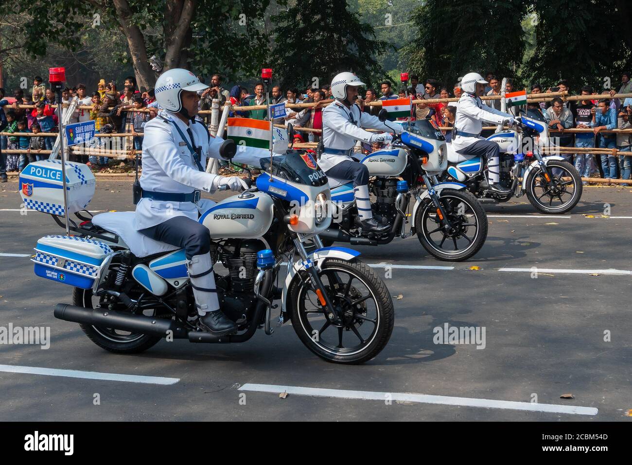 Kolkata, West Bengal, India - 26th January 2020 : West Bengal Police are marching past on their motorbikes in rally for India's republic day. Stock Photo