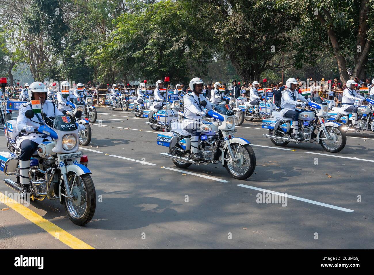 Kolkata, West Bengal, India - 26th January 2020 : West Bengal Police are marching past on their motorcycles, motorbike rally for India's Republic Day. Stock Photo