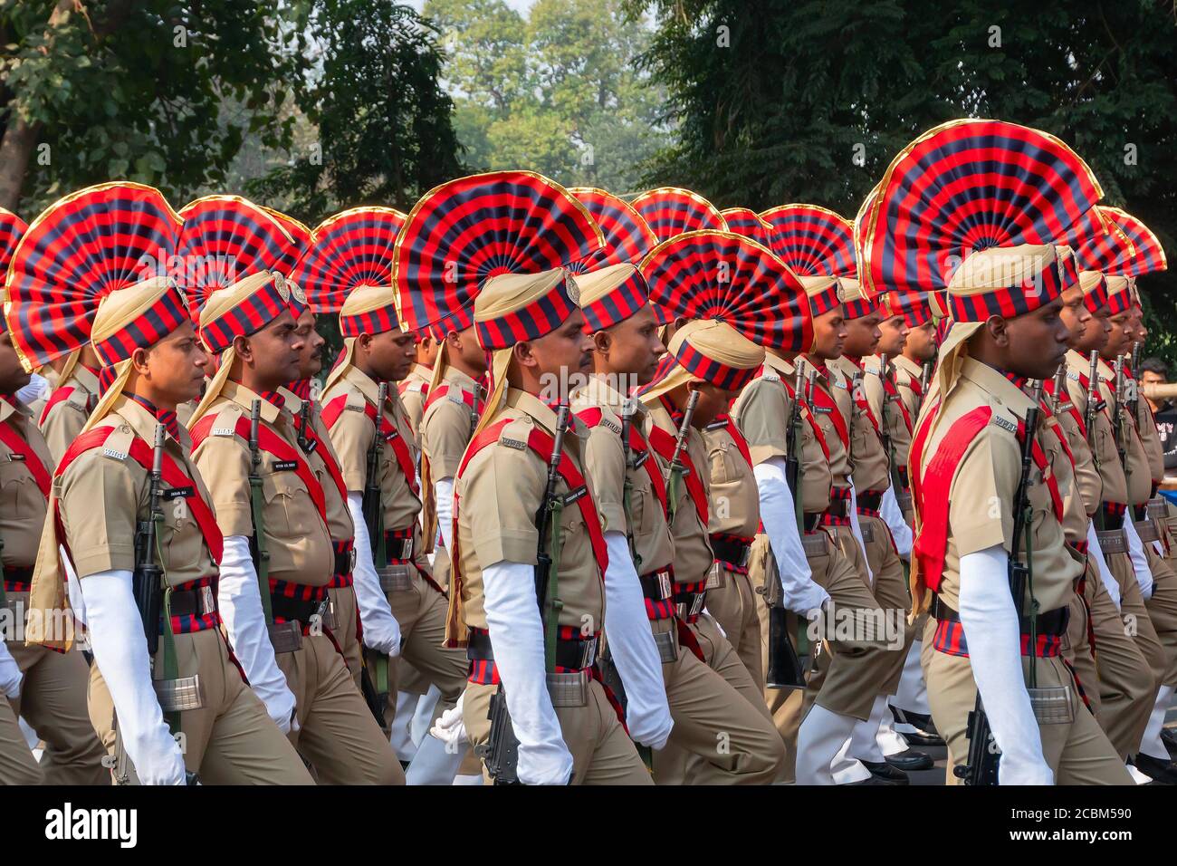 Kolkata, West Bengal, India - 26th Januaray 2020 : Bright and beautiful pattern of decorated hats of Indian Army Officers , while marching past. Stock Photo