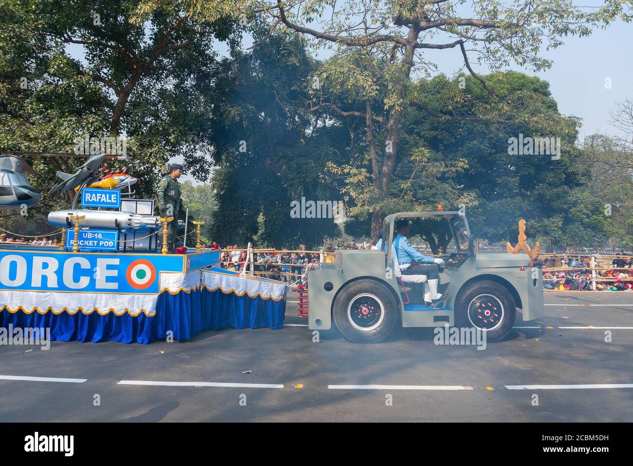 Kolkata, West Bengal, India - 26th January 2020 : Indian air force displaying model Rafale fighter jet and UB 16 rocket pod at Republic day march past. Stock Photo