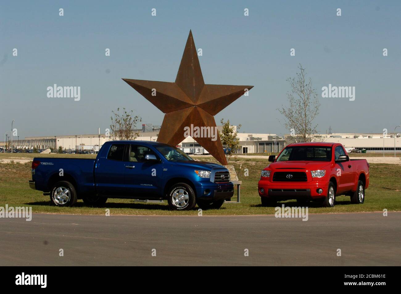 San Antonio, Texas November 17, 2006: The first two Toyota Tundra pickups off the assembly line at Toyota Motor Manufacturing's new south Texas assembly plant in Bexar Count sit near the visitor's center.  The $1.28-billion dollar facility employs about 1,800 workers. ©Bob Daemmrich Stock Photo
