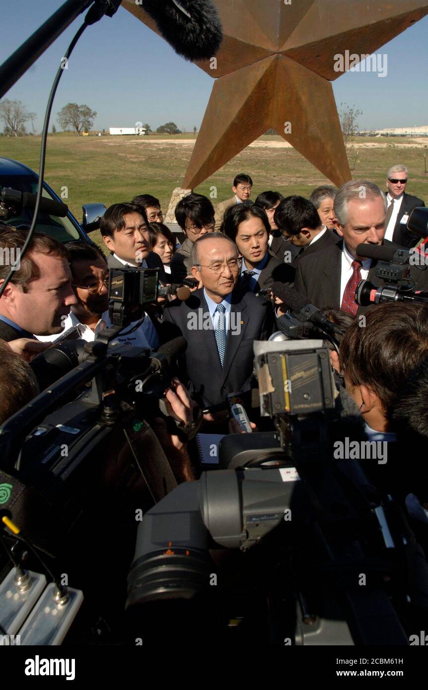 San Antonio, Texas November 17, 2006: Toyota Motor Company CEO  Katsuaki Watanabe speaks to reporters after the first two trucks roll off the assembly line at Toyota Motor Manufacturing's new south Texas assembly plant in Bexar County. The $1.28-billion facility employs about 1,800 workers. ©Bob Daemmrich Stock Photo