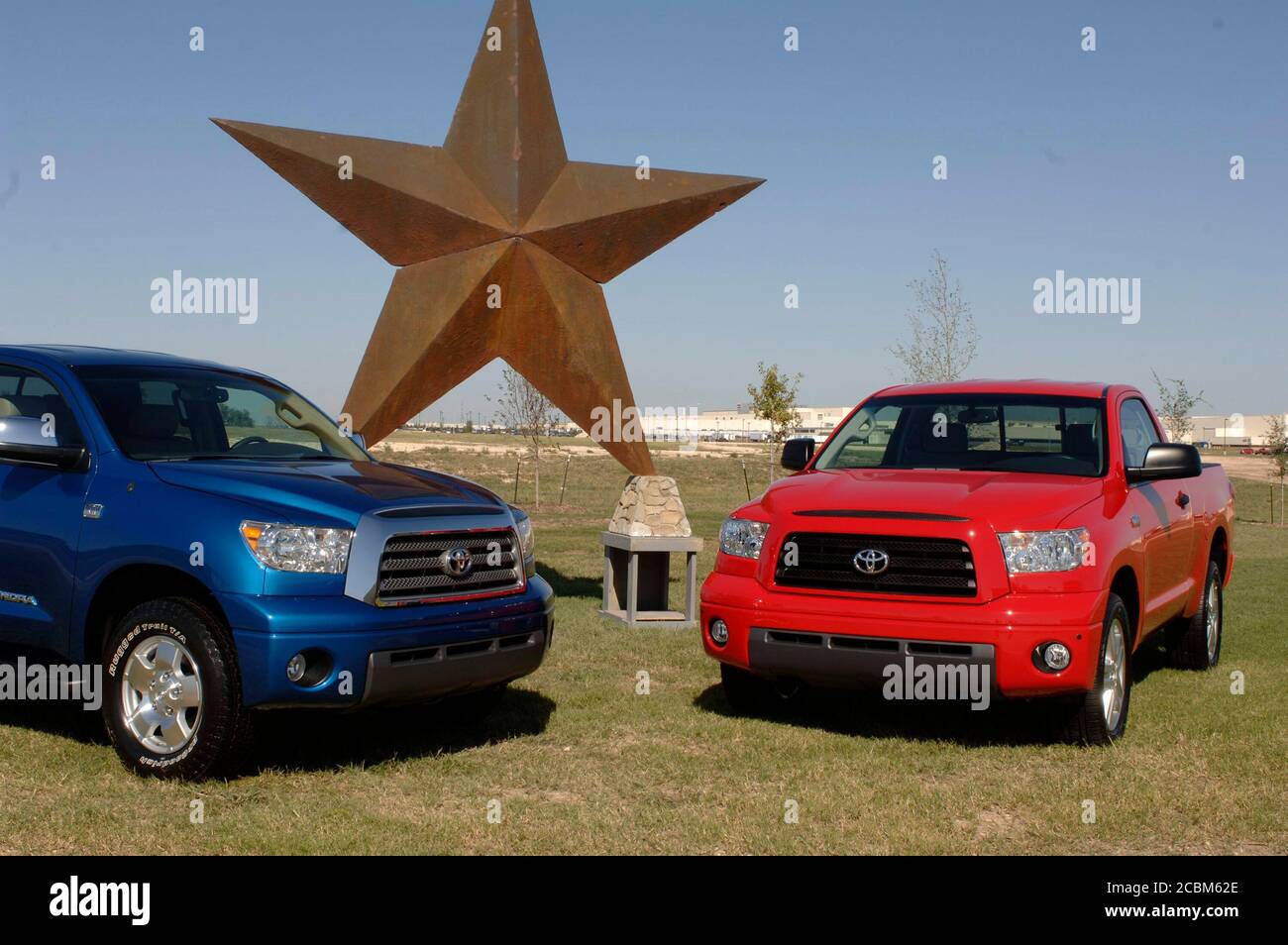 San Antonio, Texas November 17, 2006: The first two Toyota Tundra pickups off the assembly line at Toyota Motor Manufacturing's new south Texas assembly plant in Bexar Count sit near the visitor's center.  The $1.28-billion dollar facility employs about 1,800 workers. ©Bob Daemmrich Stock Photo