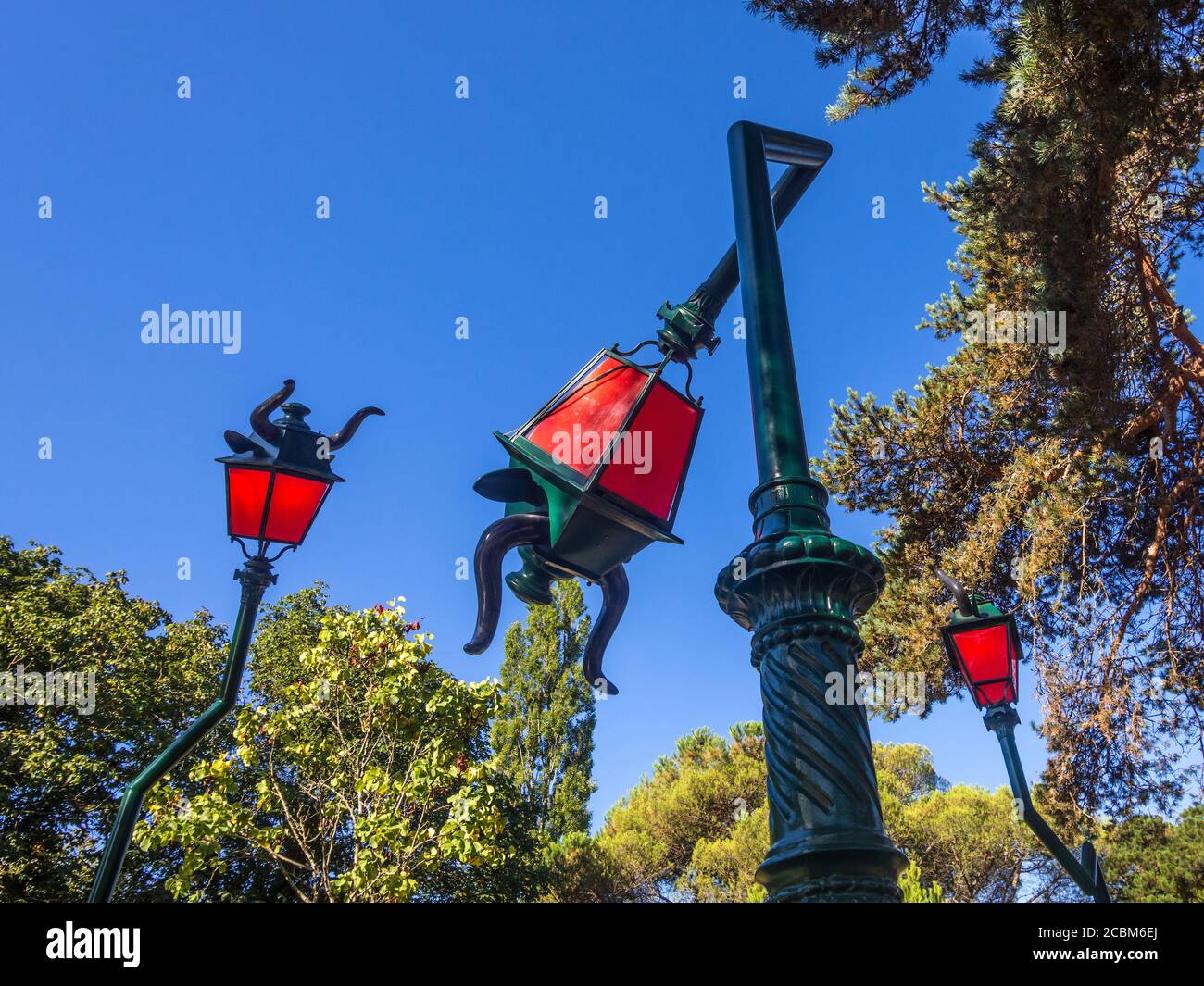 Unusual 'drunk lamp-posts' objects on the mini-golf course at the 'Camping de Nantes' campsite, Nantes Loire-Atlantique, France. Stock Photo