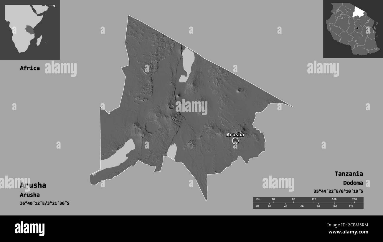 Shape of Arusha, region of Tanzania, and its capital. Distance scale