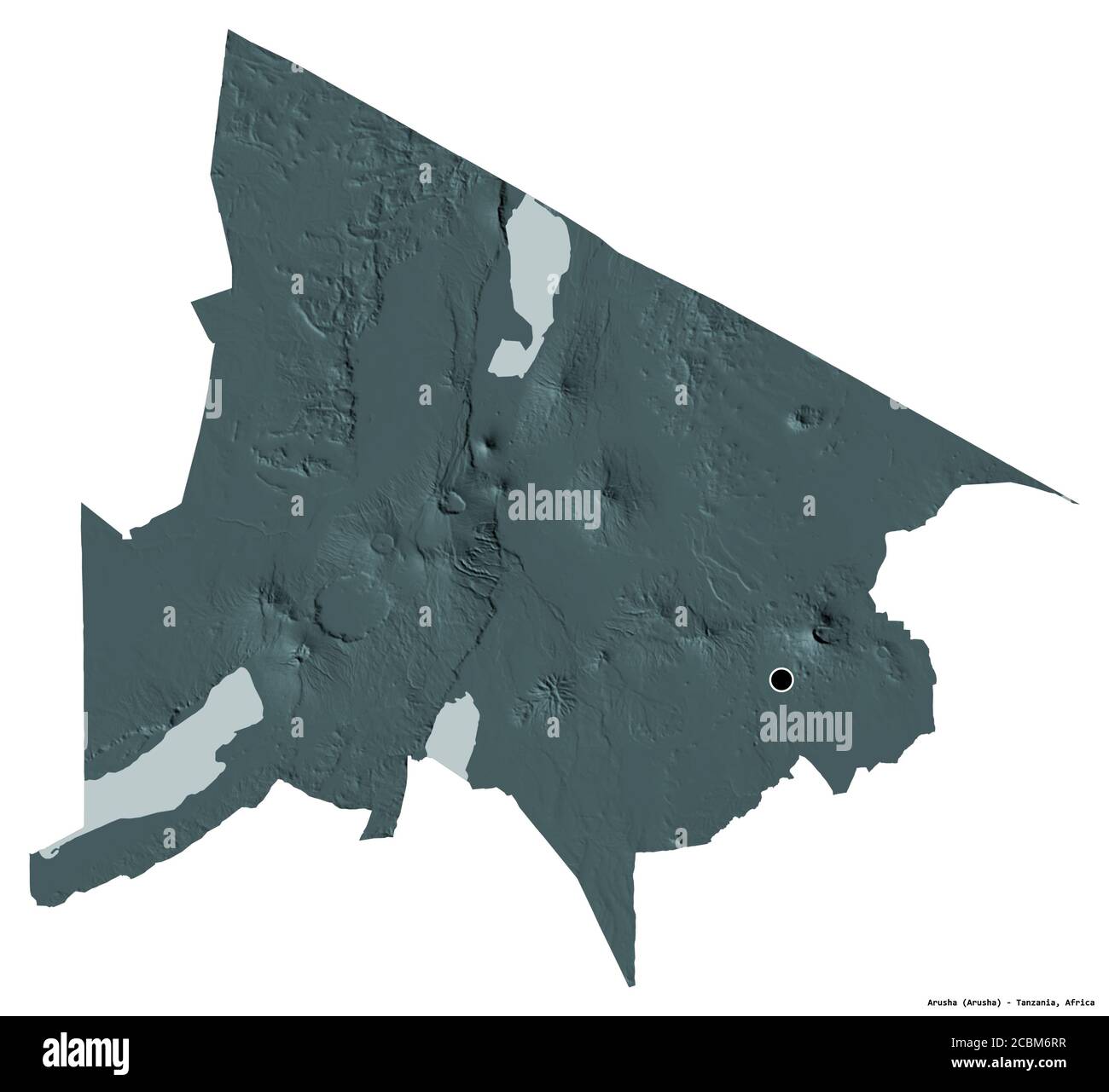 Shape of Arusha, region of Tanzania, with its capital isolated on white