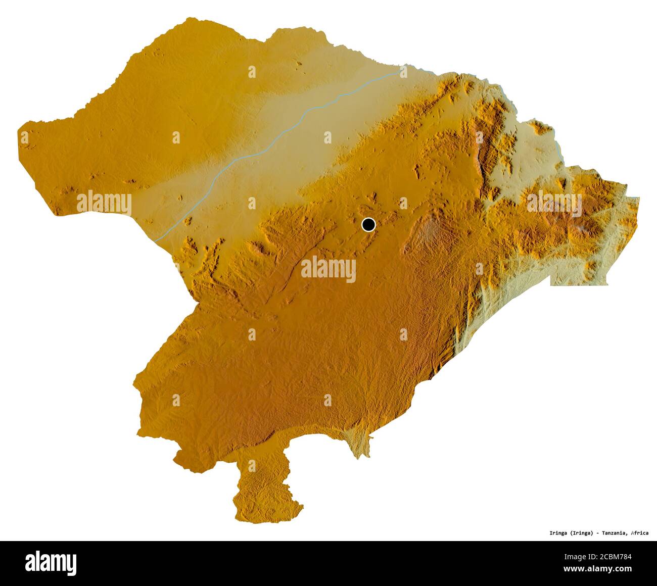 Shape of Iringa, region of Tanzania, with its capital isolated on white background. Topographic relief map. 3D rendering Stock Photo