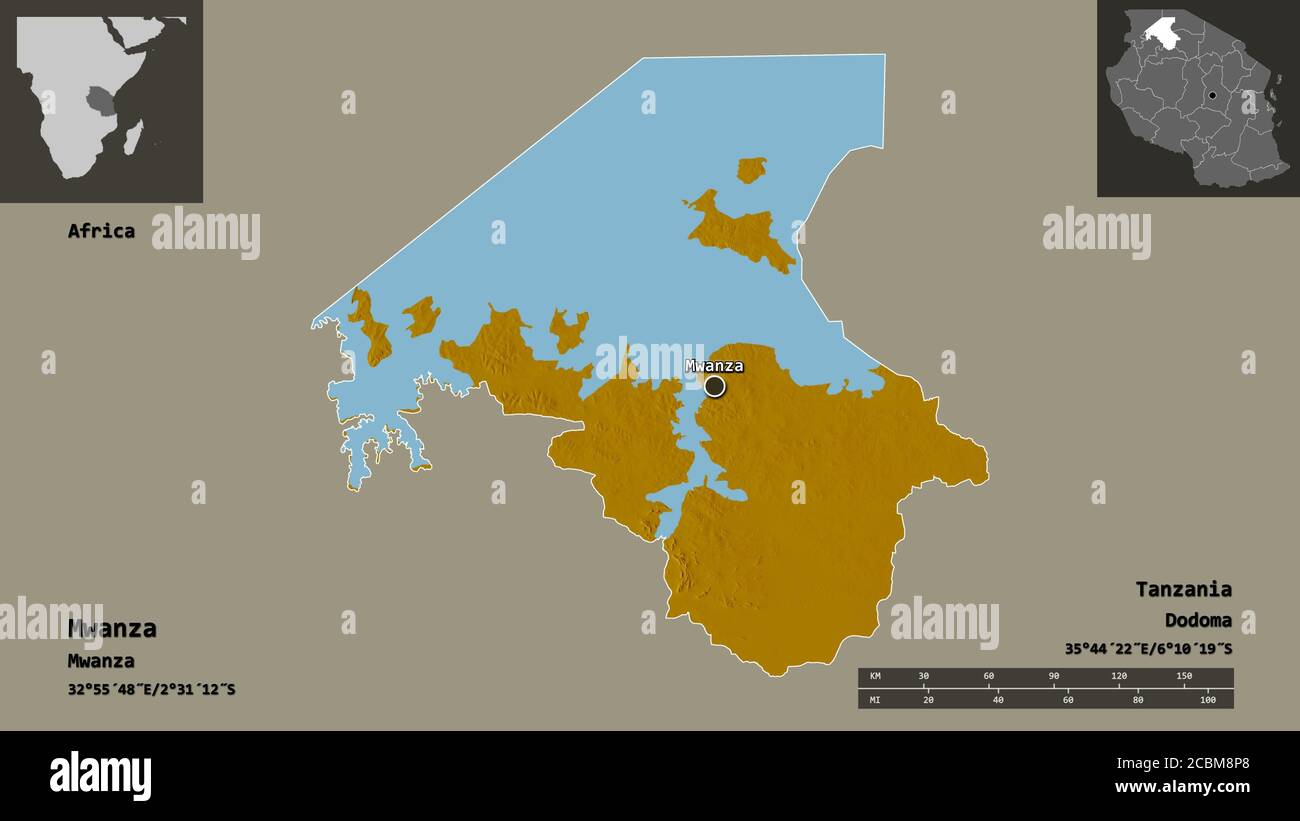 Shape of Mwanza, region of Tanzania, and its capital. Distance scale