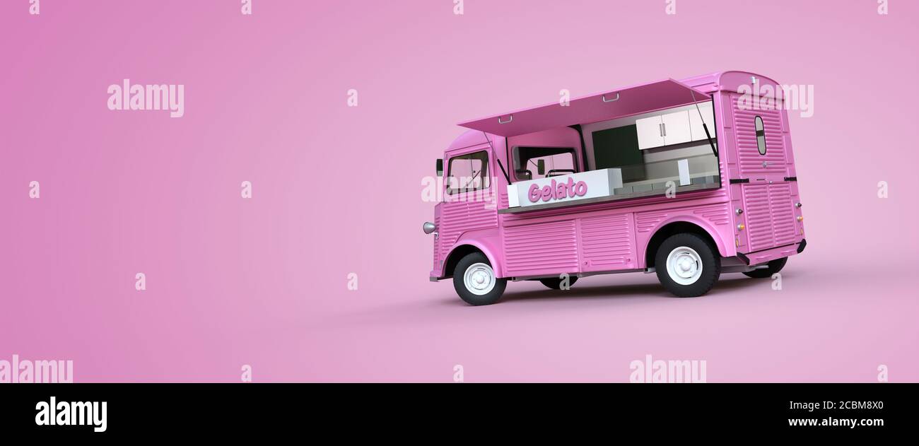ice cream truck on pink background 3D rendering Stock Photo