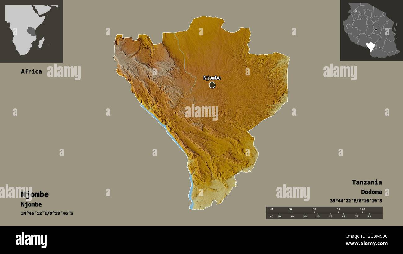 Shape of Njombe, region of Tanzania, and its capital. Distance scale