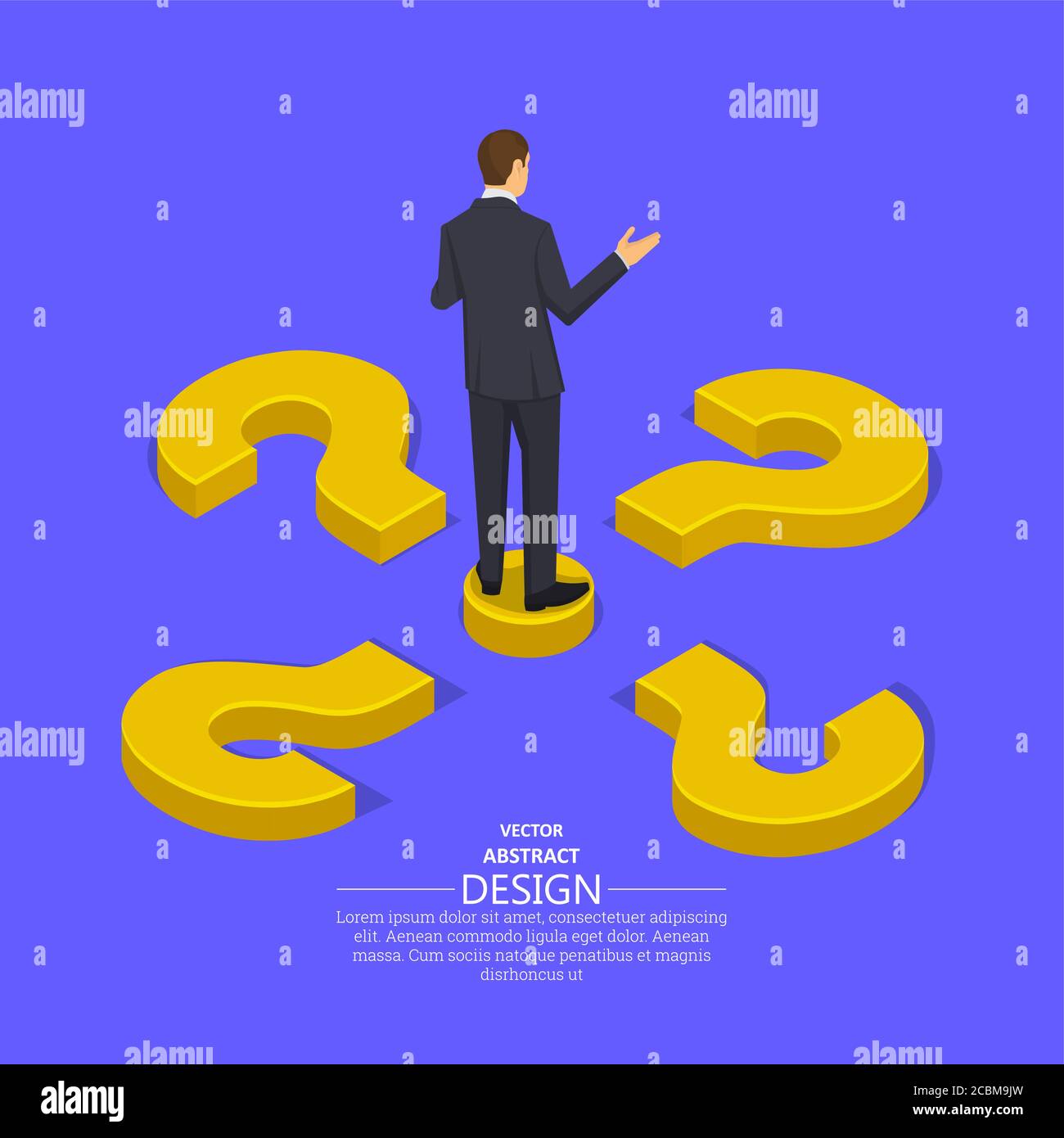 Businessman at the crossroads question marks.Concept of the choice of the correct decision.Difficulty, obstacle, solution at the businessman.Isometric Stock Vector