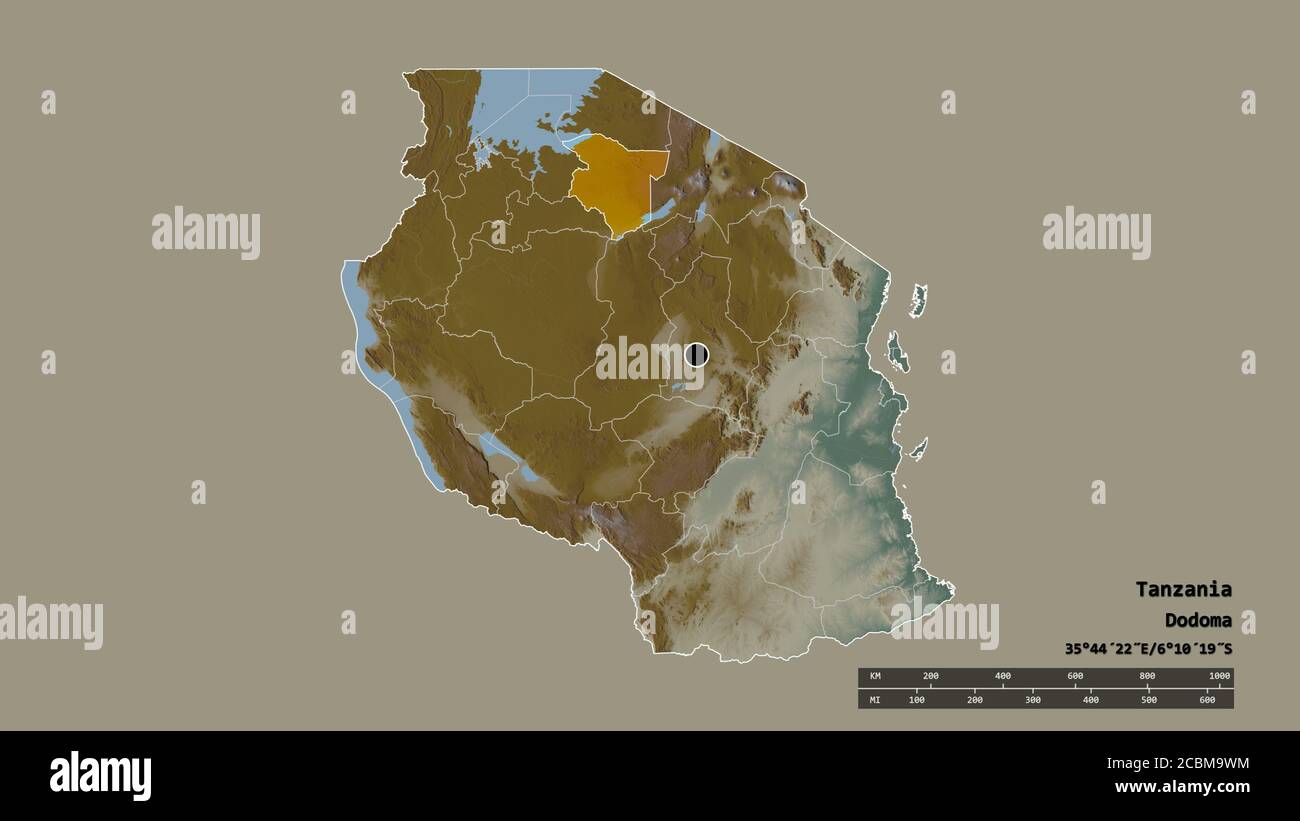 Simiyu Desaturated shape of Tanzania with its capital, main regional division ...