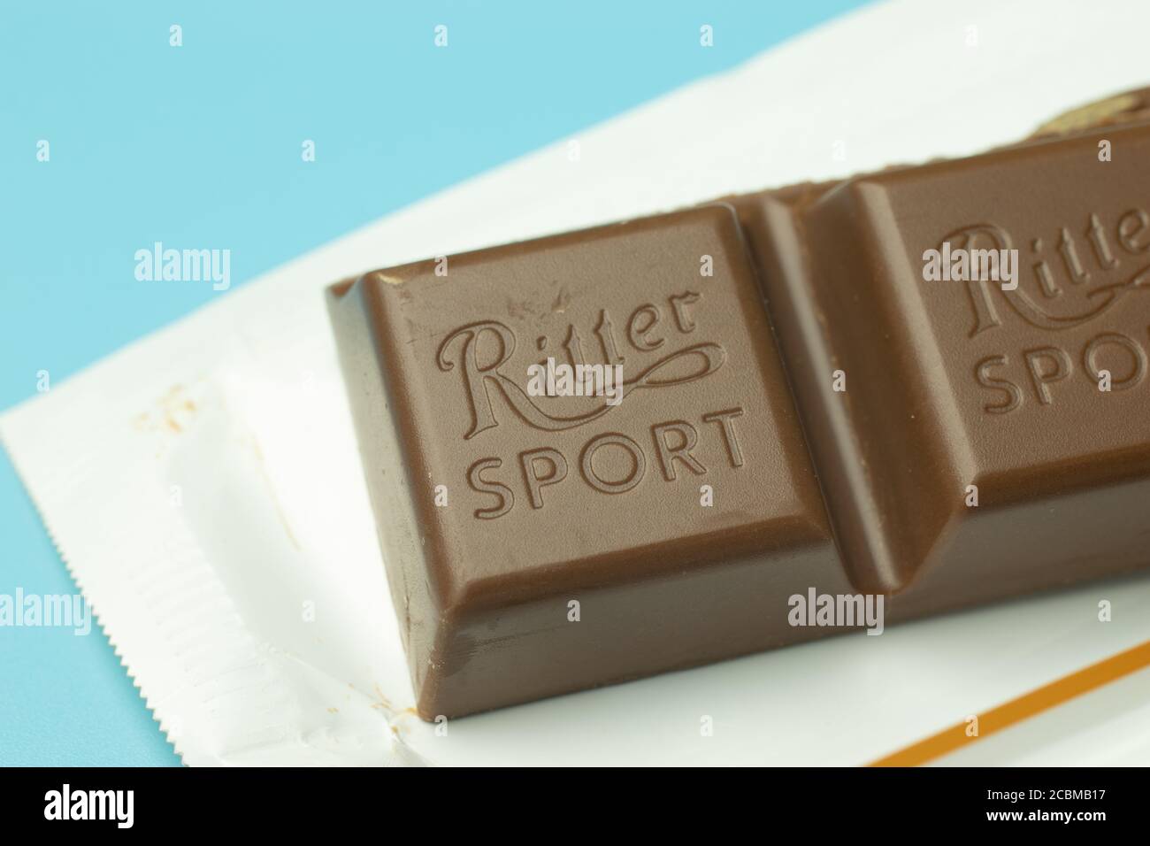 Moscow, Russia - 1 June 2020: Ritter Sport chocolate with logo close-up, Illustrative Editorial. Stock Photo