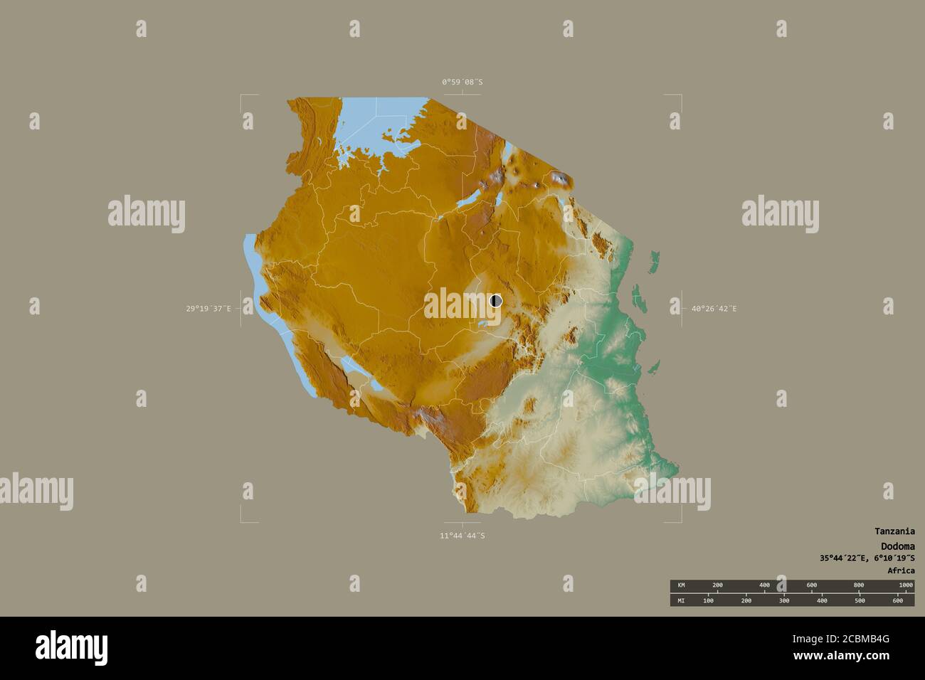 Area of Tanzania isolated on a solid background in a georeferenced ...