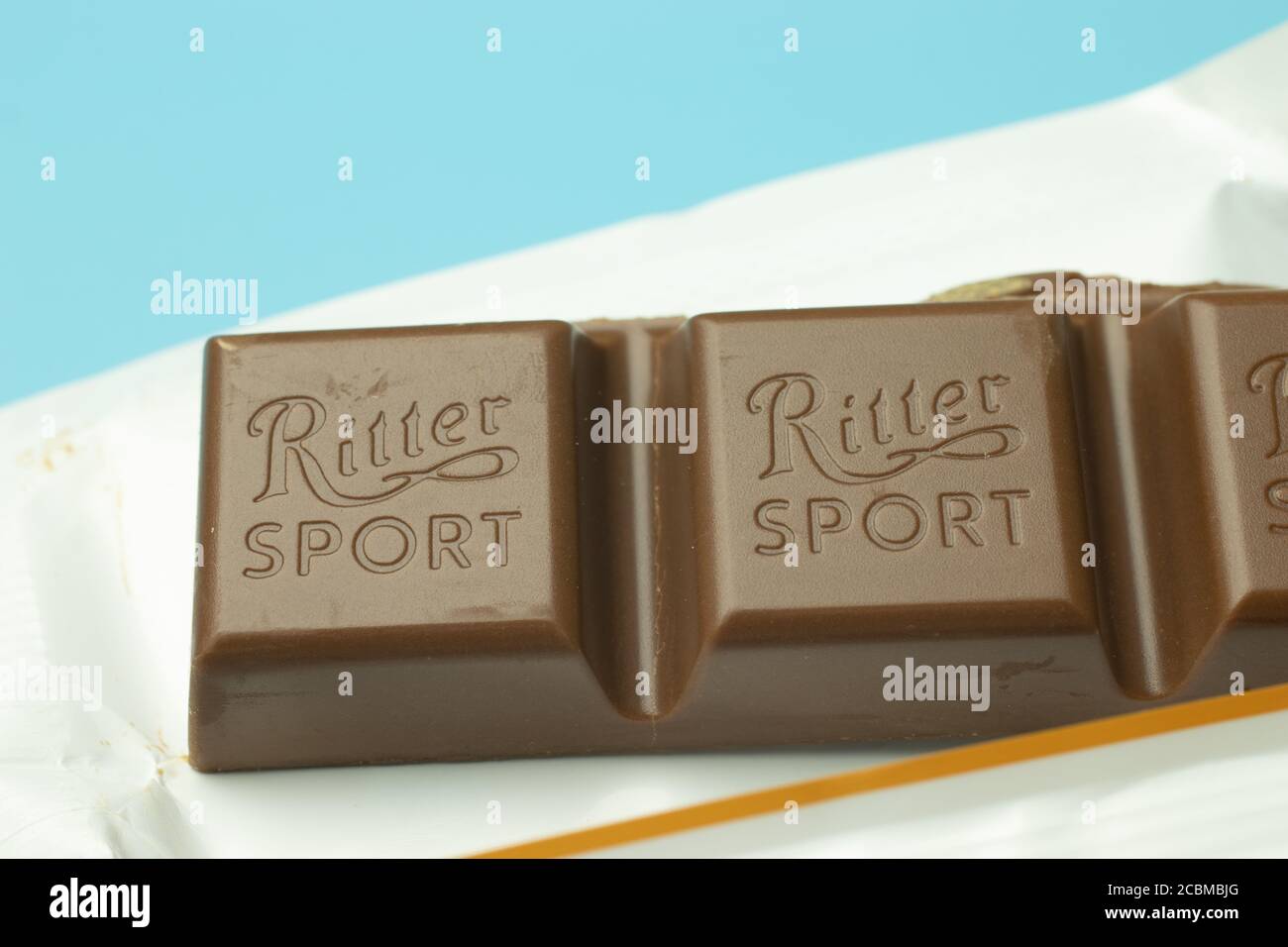 Moscow, Russia - 1 June 2020: Ritter Sport chocolate with logo close-up, Illustrative Editorial. Stock Photo
