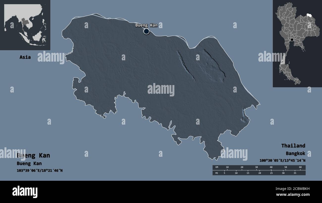 Bueng Kan Thailand Map Shape Of Bueng Kan, Province Of Thailand, And Its Capital. Distance Scale,  Previews And Labels. Colored Elevation Map. 3D Rendering Stock Photo - Alamy