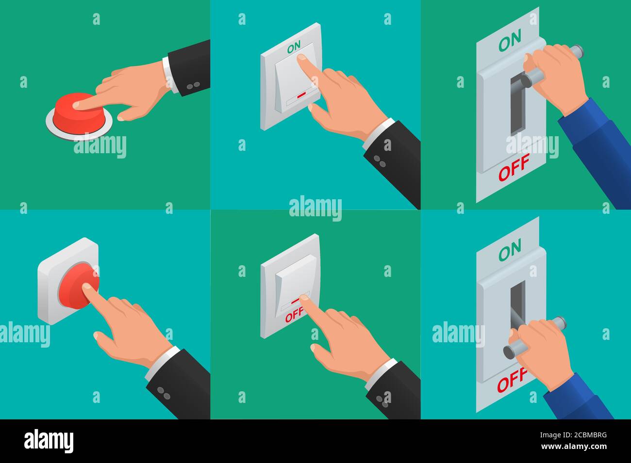 Set of realistic vector hands pressing buttons. Isometric icon of electric knife switch in the on/off position. Toggle switch. High voltage. Electrica Stock Vector