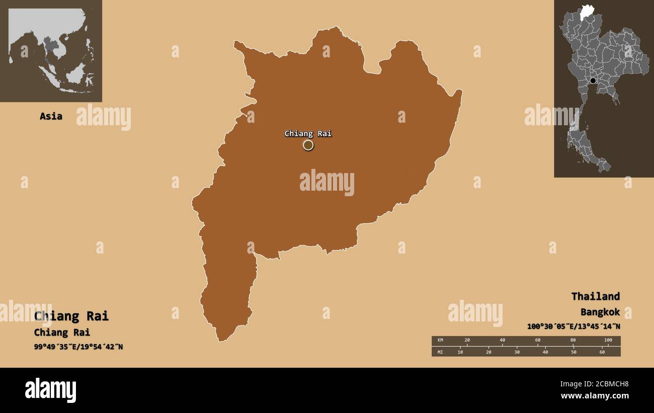 Shape of Chiang Rai, province of Thailand, and its capital. Distance ...