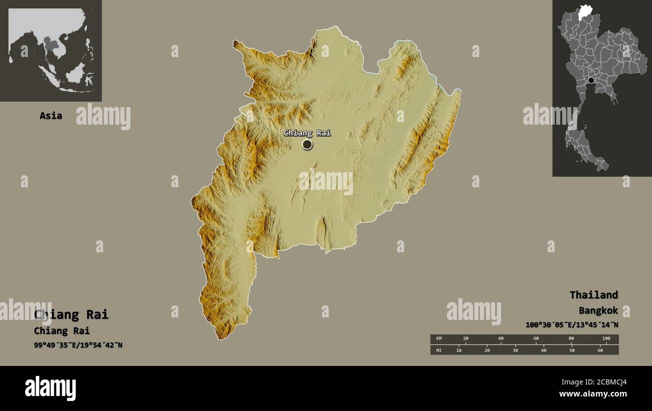 Shape of Chiang Rai, province of Thailand, and its capital. Distance ...