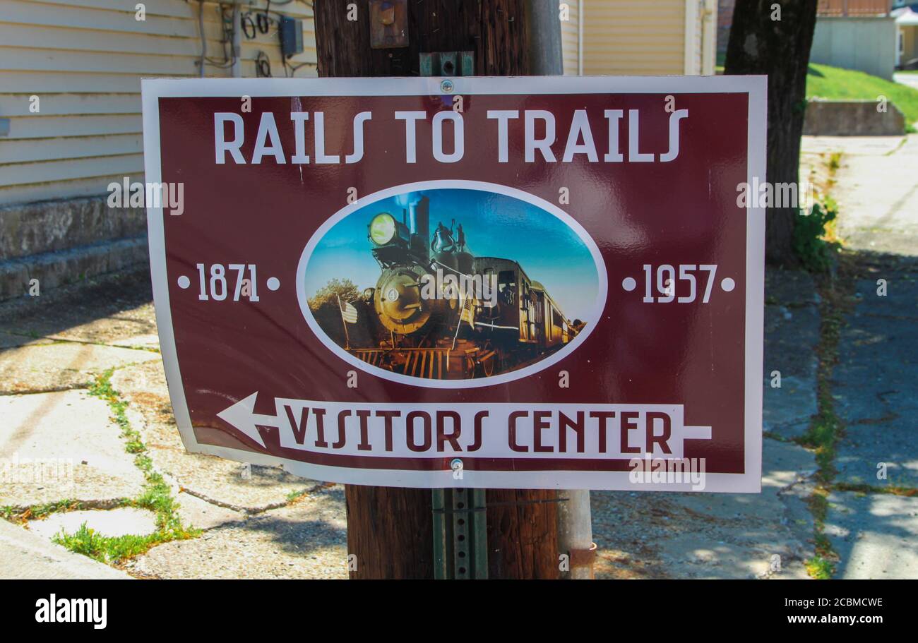 WOODRIDGE, NY, UNITED STATES - Jun 17, 2020: Woodridge, NY / USA - 06/16/2020: Woodridge Rails to Trails  Visitors Center Sign 1871-1957 Stock Photo