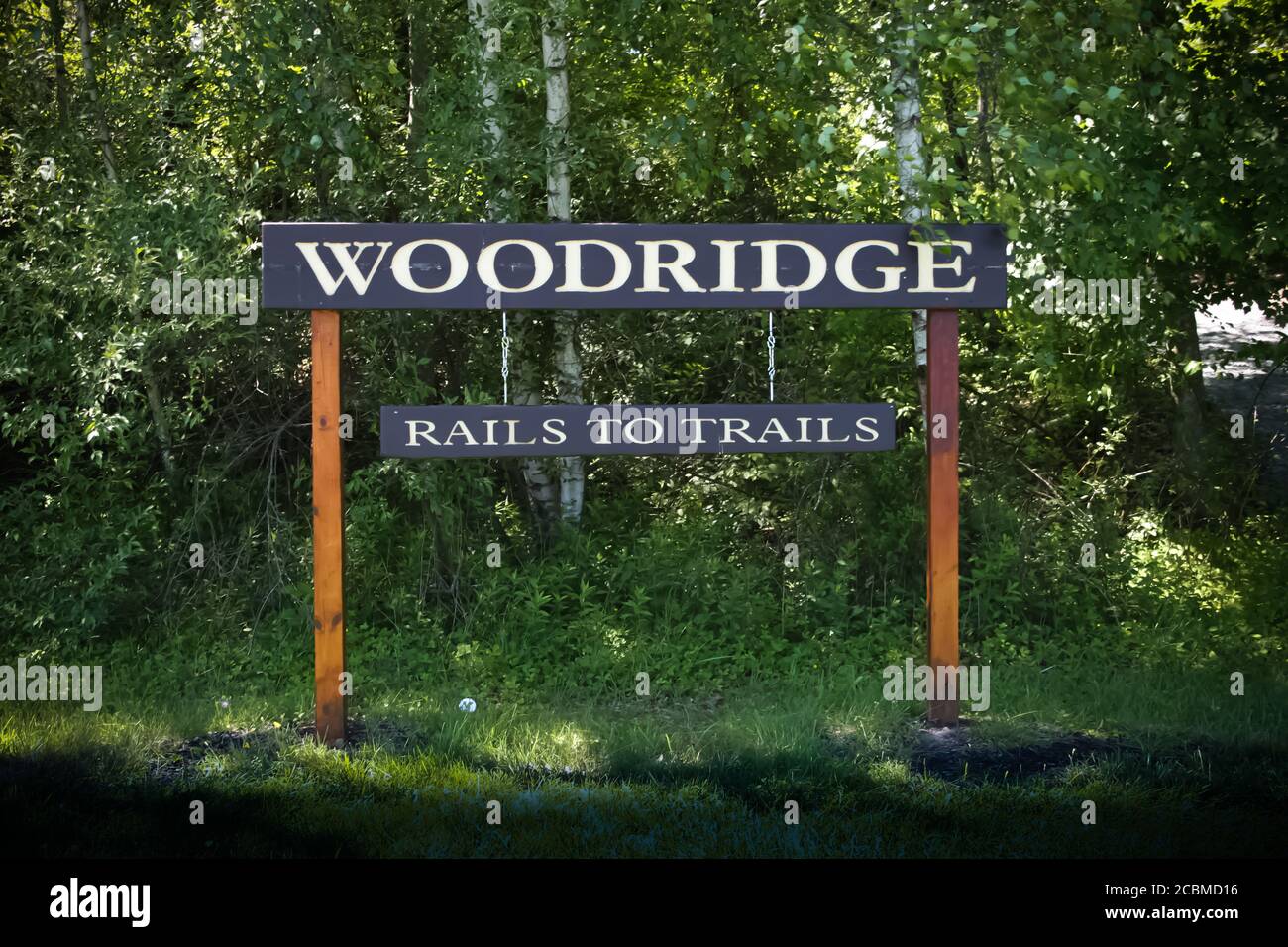 WOODRIDGE, NY, UNITED STATES - Jun 17, 2020: Woodridge, NY / USA - 06/16/2020: Woodridge Rails to Trails Wooden Entrance Sign Stock Photo
