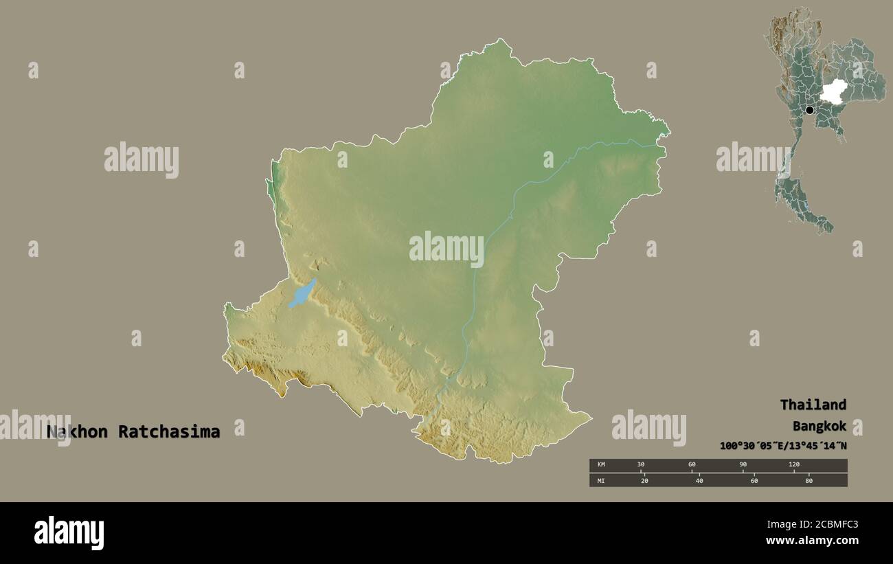 Shape of Nakhon Ratchasima, province of Thailand, with its capital isolated on solid background. Distance scale, region preview and labels. Topographi Stock Photo