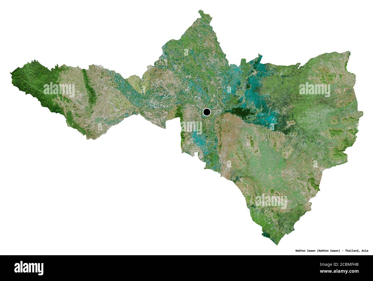 Shape of Nakhon Sawan, province of Thailand, with its capital isolated on white background. Satellite imagery. 3D rendering Stock Photo