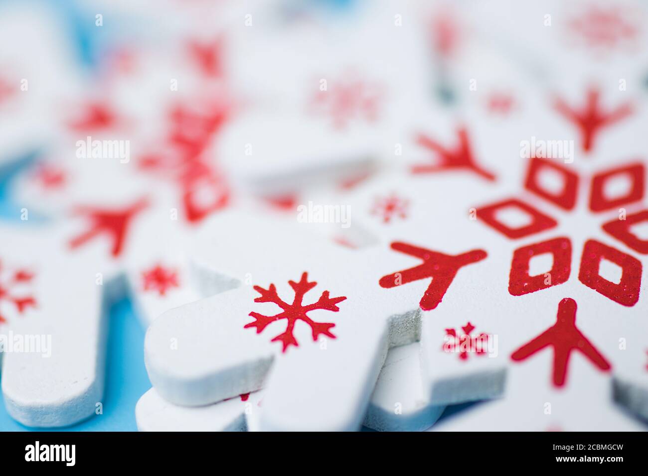 Christmas holidays background with copy space. New Year pattern snowflake close-up with blurry backdrop Stock Photo