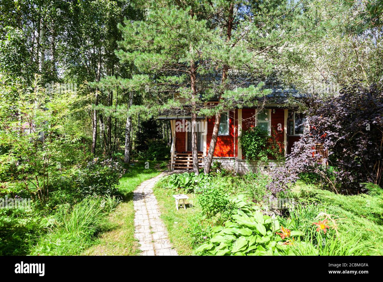 wooden country house in overgrown ornamental garden in Russia on sunny summer Stock Photo