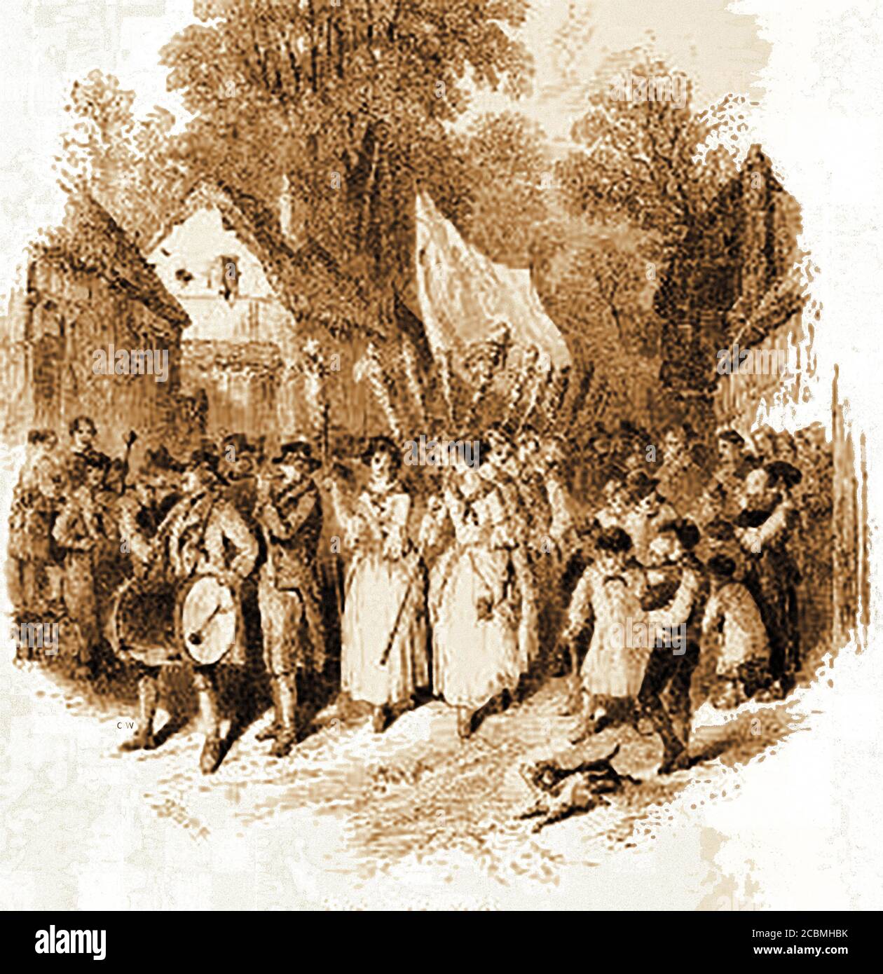 Traditional old British Customs,Festivities and events - A typical British Whitsuntide procession / walk (June) 1845. The holiday originally celebrated  as the birthday of the Christian Church but became generally celebrated as an annual festivity. Whitsuntide is the week following Whitsunday and the eighth week following Easter. Stock Photo