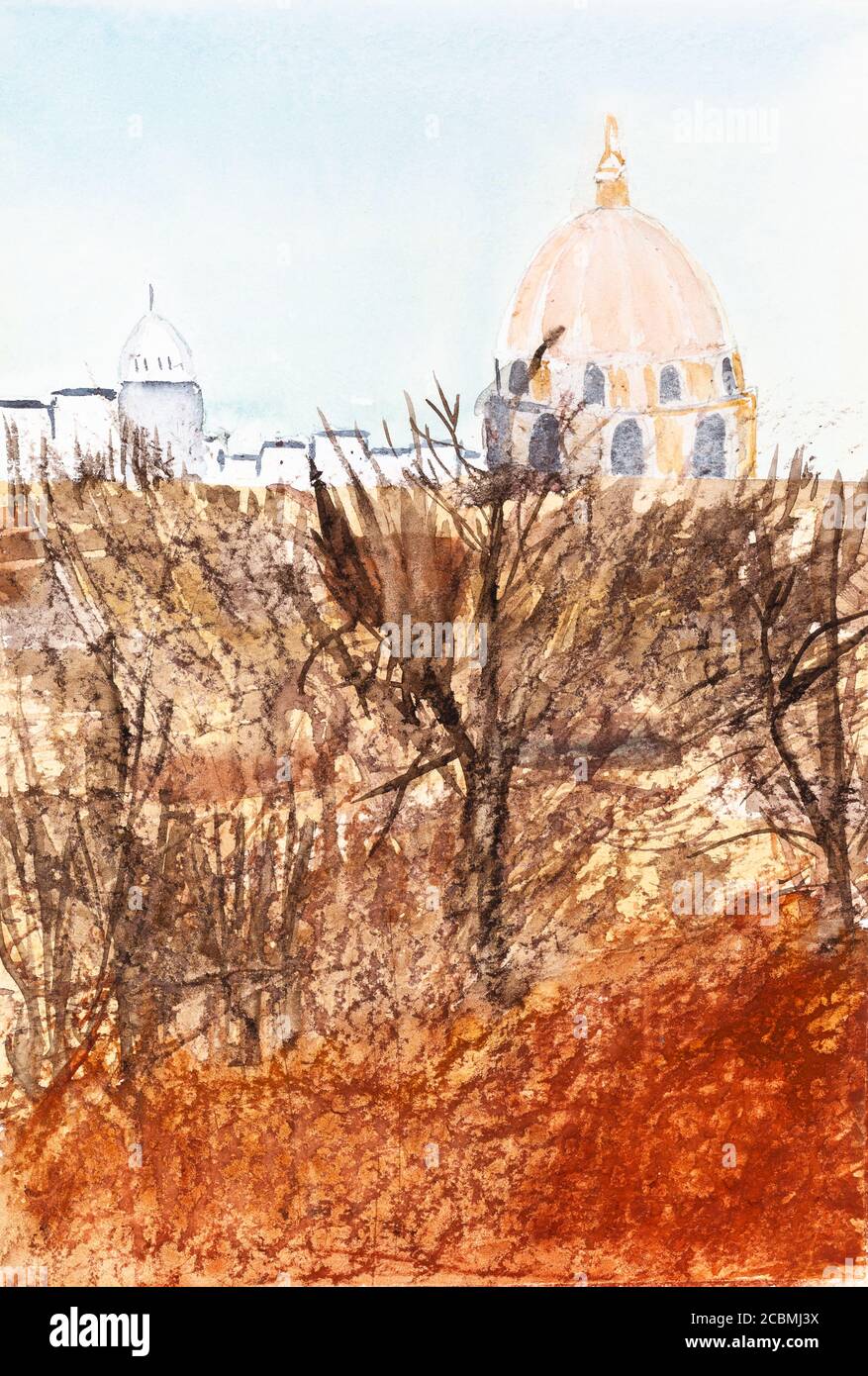 view of dome of cathedral over garden in Paris city on sunny March day hand-drawn by watercolours on white paper Stock Photo