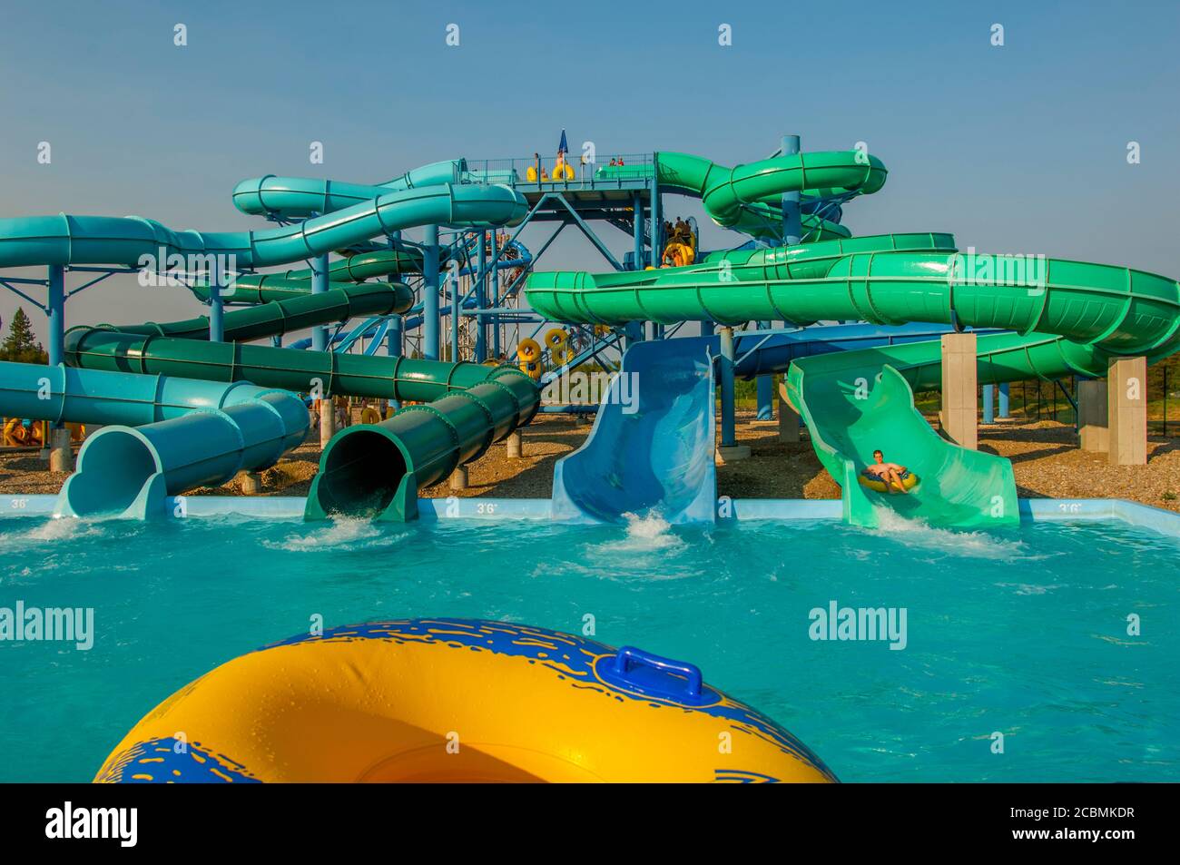 The waterslides at Boulder Beach Bay Park, part of the Silverwood Theme Park, an amusement park located in Athol in northern Idaho, near the town of C Stock Photo