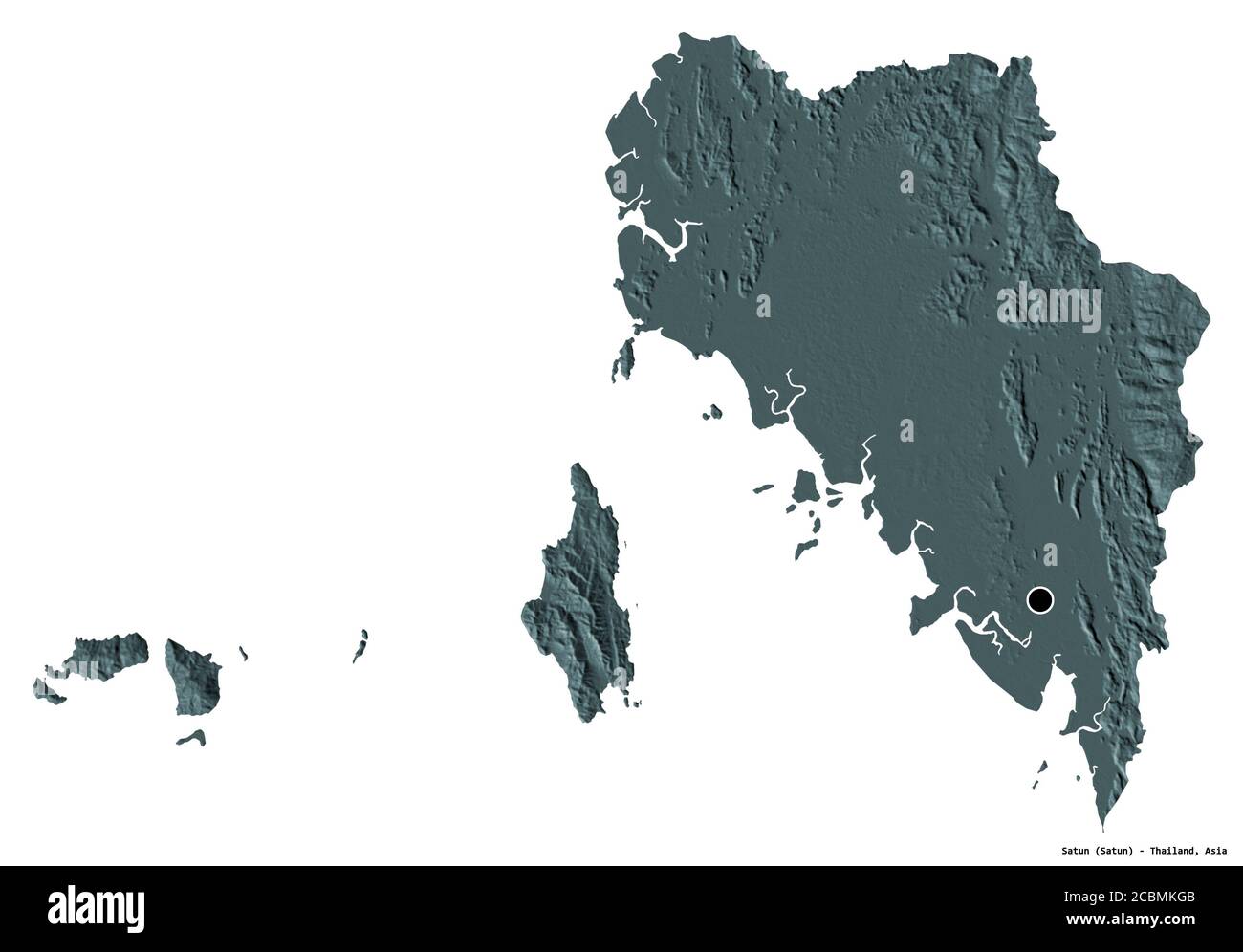 Shape of Satun, province of Thailand, with its capital isolated on white background. Colored elevation map. 3D rendering Stock Photo