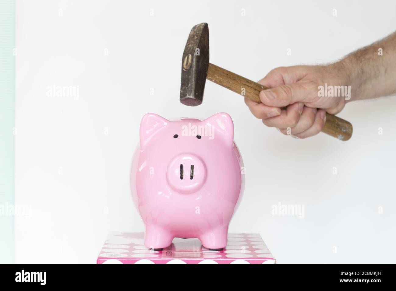 Caucasian male holding a hammer and about to break a piggy bank Stock ...