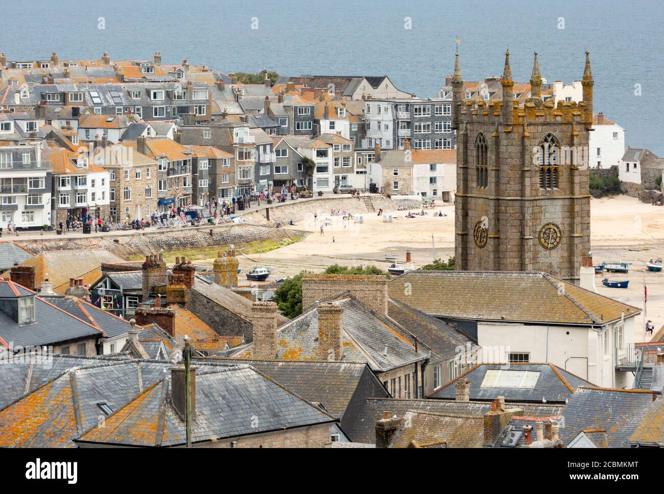 Townscape view of St Ives showing St Ives Parish Church, Cornwall, England Stock Photo