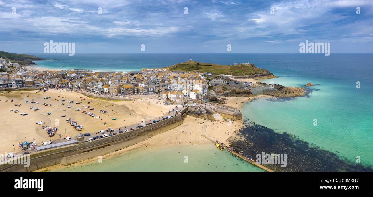 Panoramic view of St Ives showing Smeatons Pier and beaches, Cornwall, England Stock Photo