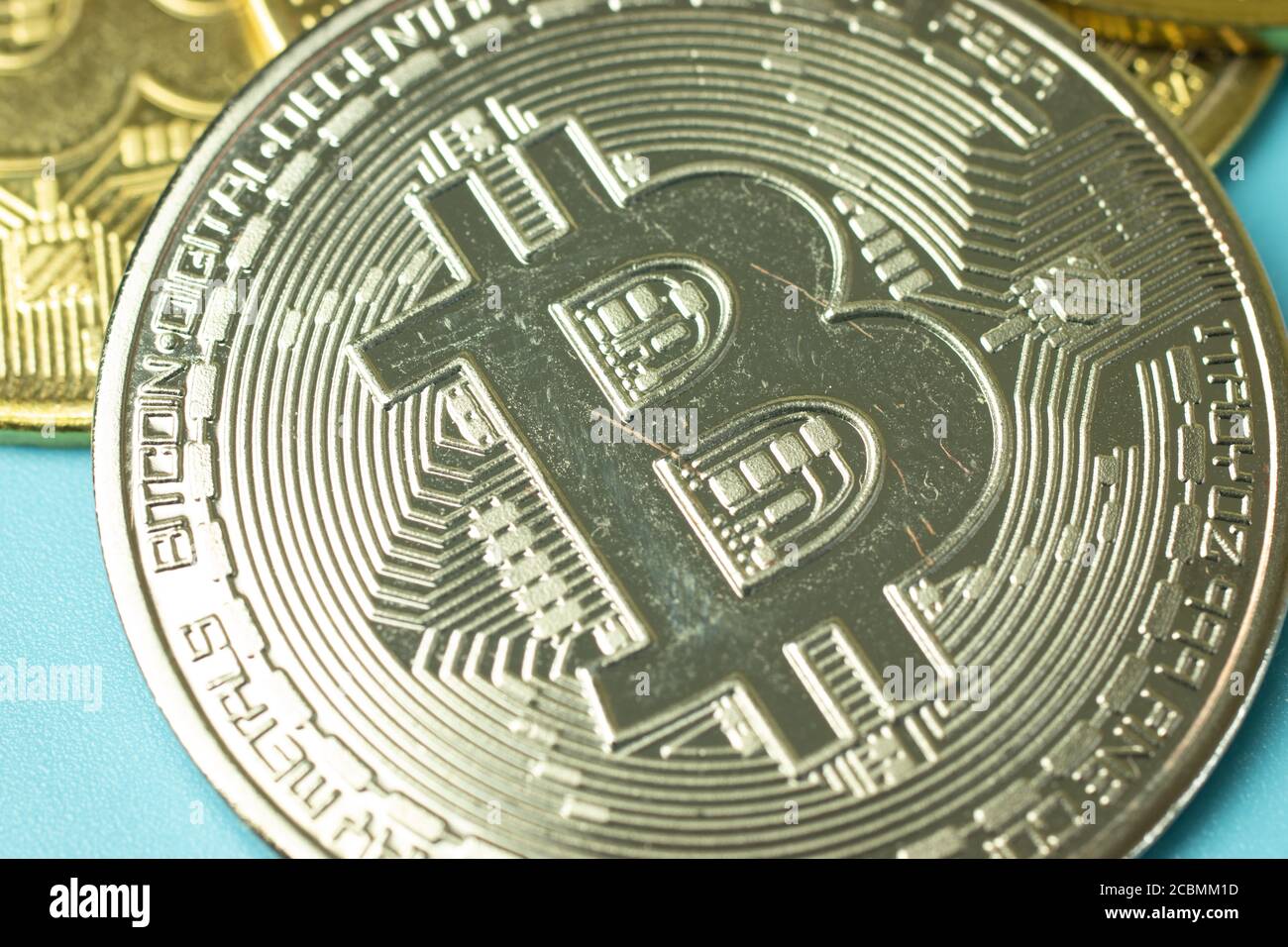 Silver bitcoin coin macro photo Stock Photo