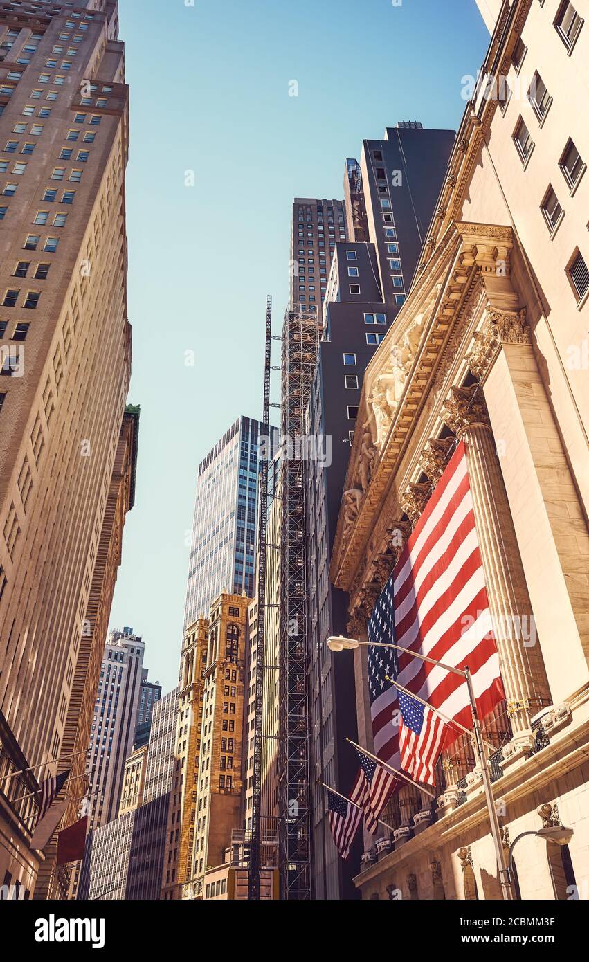 Vintage toned picture of Wall Street in Manhattan, New York City, USA. Stock Photo