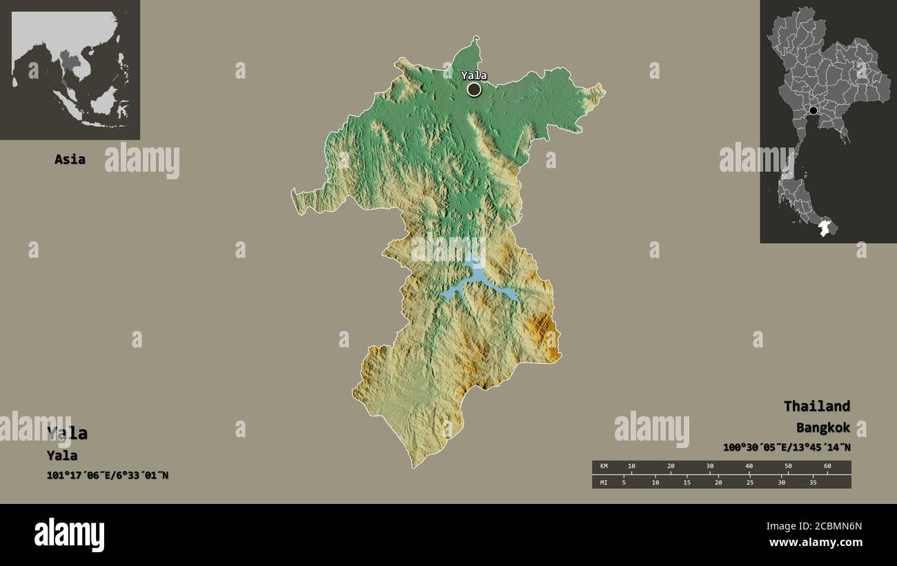 Shape of Yala, province of Thailand, and its capital. Distance scale