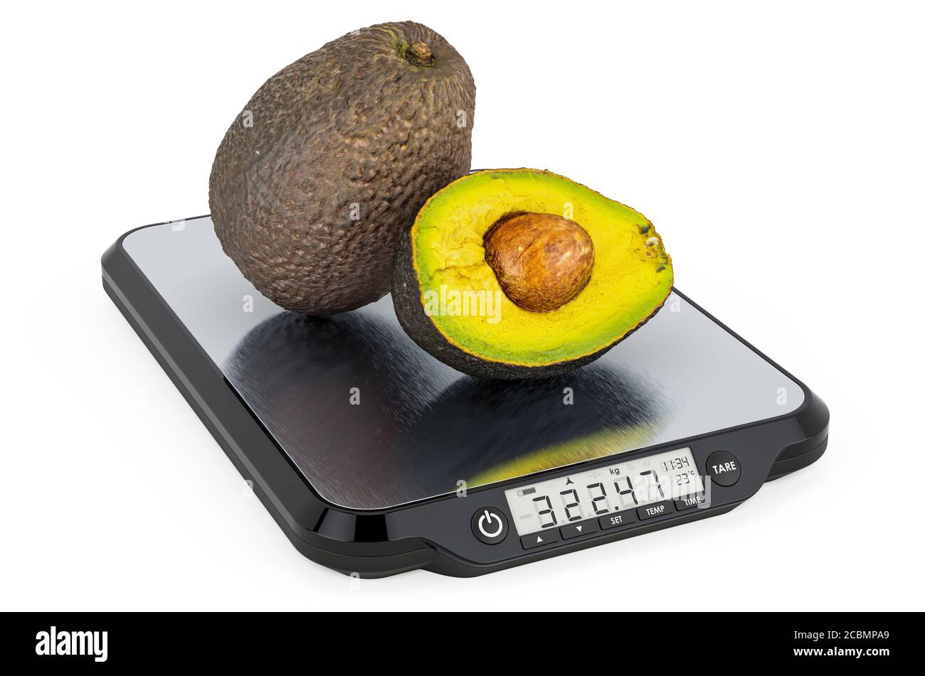 Kitchen Scales with Avocados. 3D rendering isolated on white background ...