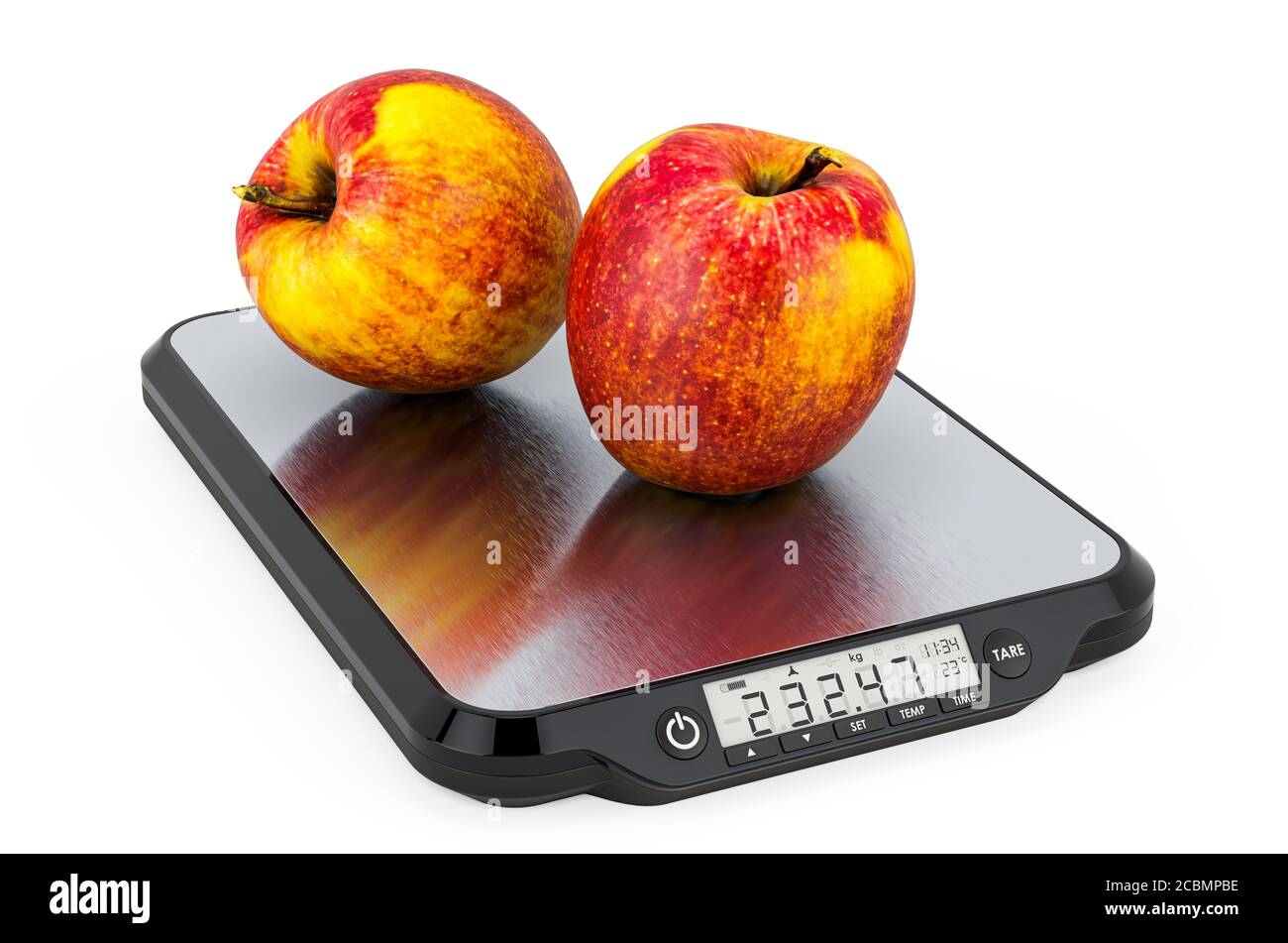 Kitchen scale weighting apples, Stock image