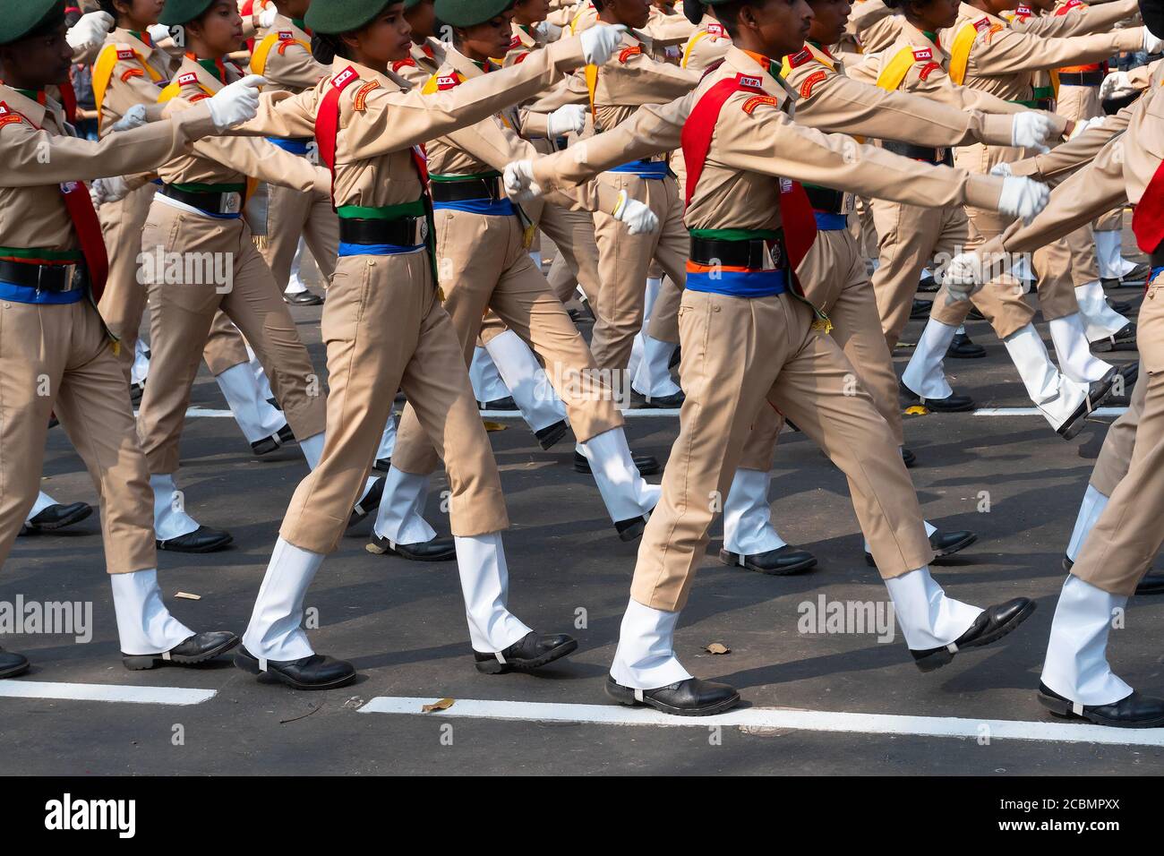 Kolkata, West Bengal, India - 26th January 2020 : India's Bengal Tiger Academy (BTA) cadets are marching past, in Khaki dress for Indian Republic day Stock Photo