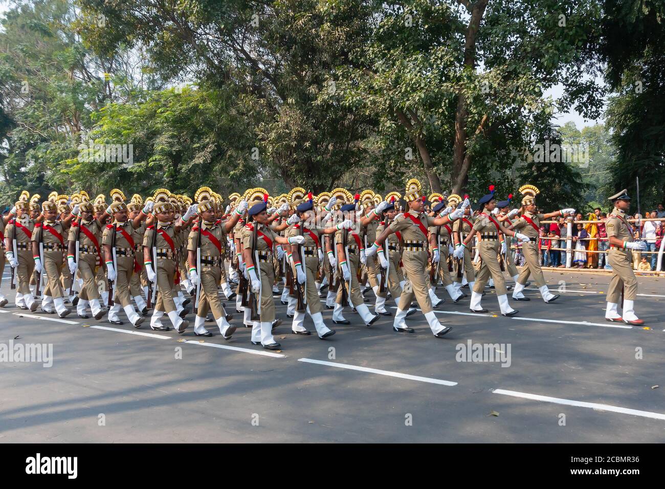 Kolkata, West Bengal, India - 26th January 2020 : India's Central Social Welfare Board (CSWB) cadets are marching past , dressed in khaki dress. Stock Photo
