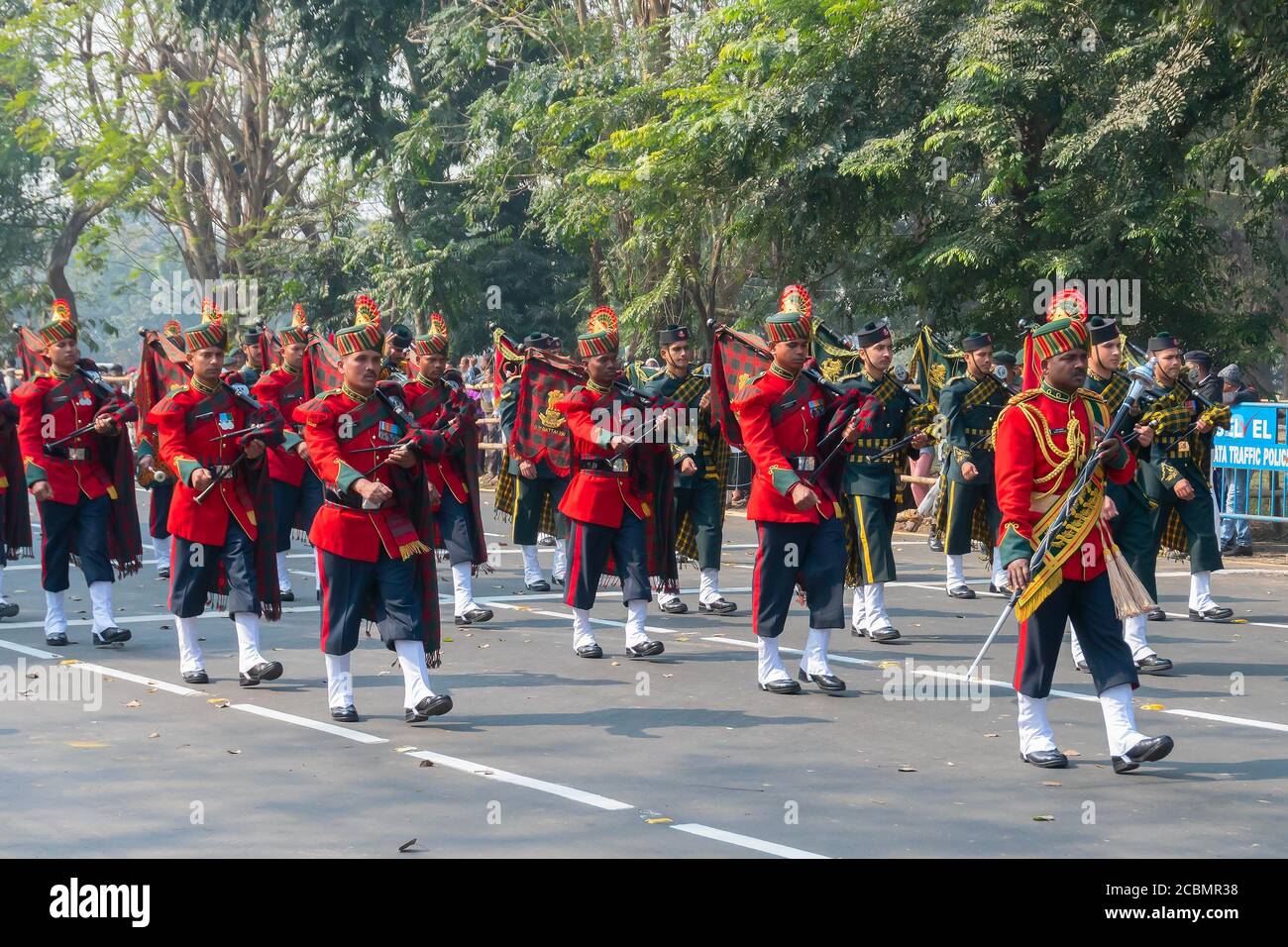 Kolkata, West Bengal, India - 26th January 2020 : Indian Military Officers dressed as musical band, carrying musical instruments are marching past. Stock Photo