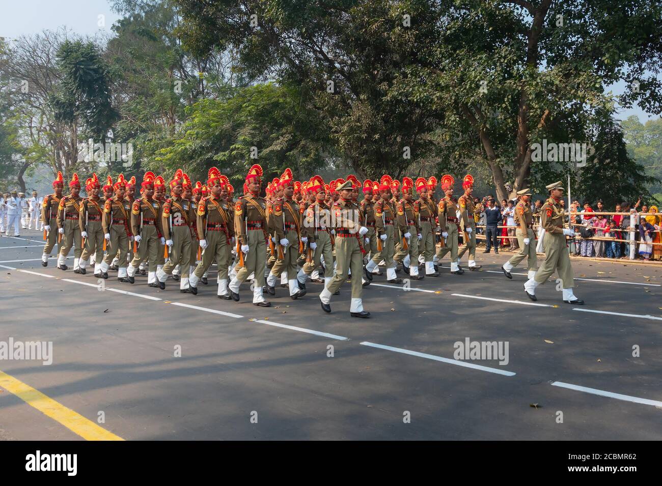 Kolkata, West Bengal, India - 26th Januaray 2020 : Indian armed force Officers wearing khaki dress are marching past with rifles,Republic day parade. Stock Photo