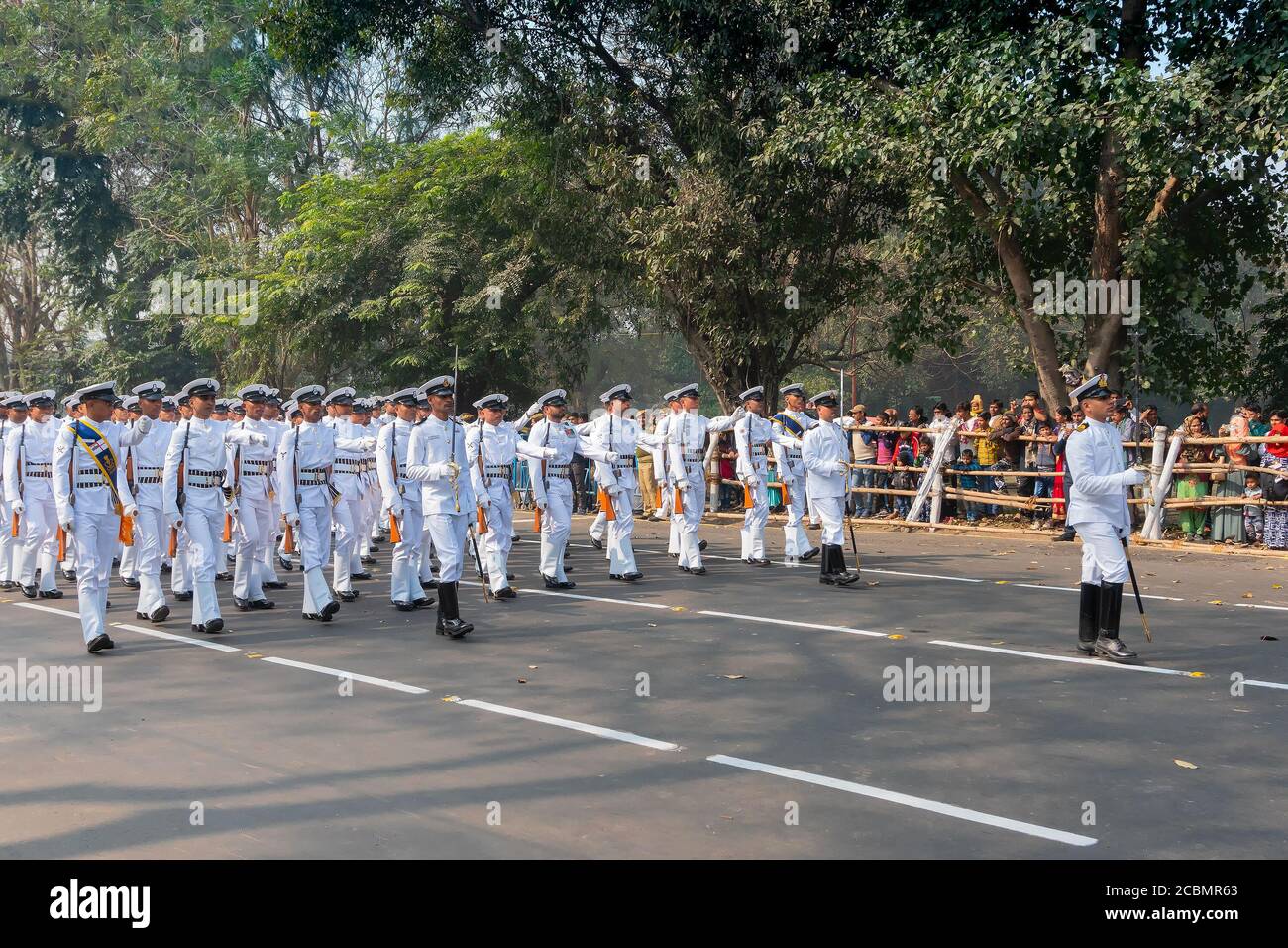Kolkata, West Bengal, India - 26th January 2020 : Indian Military Officers are marching past with rifles in white dress in morning, Republic day. Stock Photo