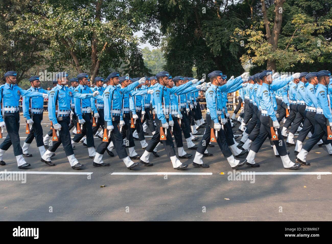 Kolkata, West Bengal, India - 26th Januaray 2020 : Indian armed force Officers in blue dress are marching past with rifles, at Republic day parade. Stock Photo