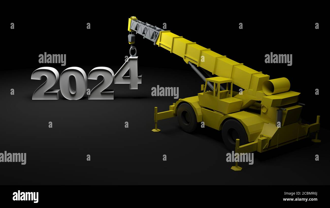 2024 being built with a crane 3D rendering illustration Stock Photo